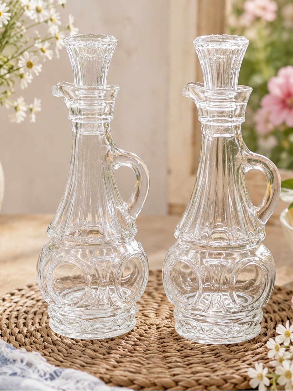 Vintage Clear Pressed Glass Oil & Vinegar Cruet Set
